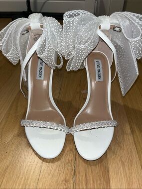 Steve Madden White Pearl-Embellished Ankle-Tie Heels with Sheer Polka-Dot Bows